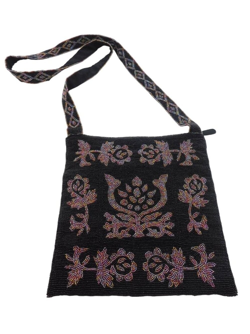 Indeed Beaded Black Crossbody Bag Floral Design Zipper Closure Purse Boho Artsy